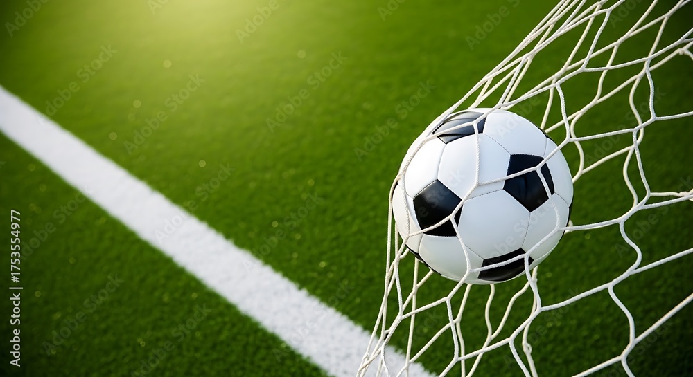 Obraz premium Soccer ball scoring goal in net during competition on green field stadium