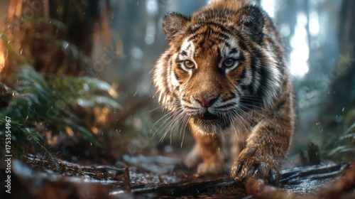 A striking tiger prowls through the lush forest, embodying the beauty and power of nature, a captivating moment frozen in time that speaks to wildlife enthusiasts.