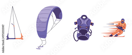Illustrated collection depicting kite surfing equipment, including a bar with lines, a purple kite, a safety harness, and a man in an orange suit kite surfing.