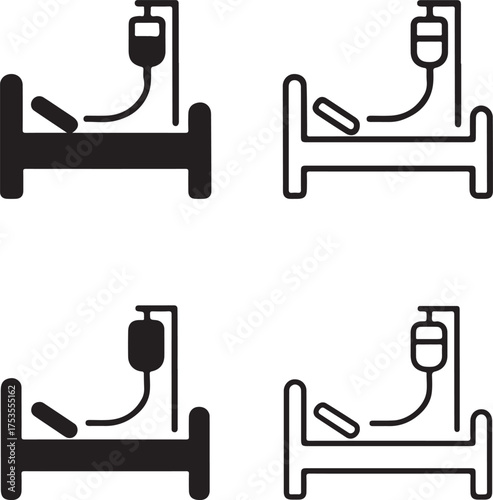 Isolated hospital bed icons, patient care bed with IV drip, black medical ward furniture, solid and line style, thin stroke hospital bed vector, healthcare treatment icon set