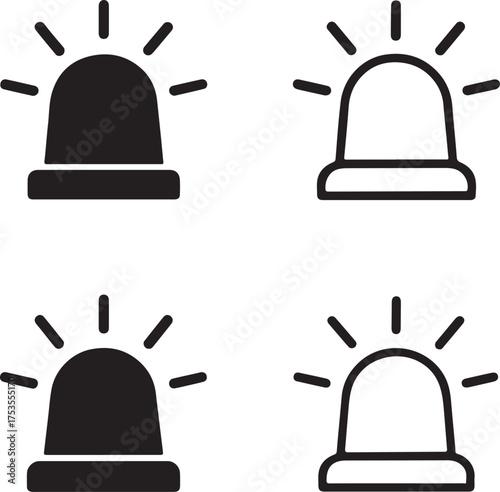 Isolated emergency light icons, black warning siren symbol, alarm signal set, solid and line styles, thin stroke emergency beacon, minimal safety light, vector alert lamp isolated