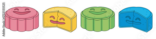 Four colorful cartoon mooncakes with playful smiling faces, each in pink, yellow, green, and blue, displayed in a row.