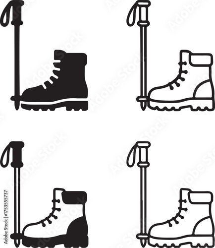 Isolated walking stick icons, black winter boots symbol, outdoor hiking gear vector, minimal thin stroke travel design, adventure walking equipment set, mountain trek footwear icon