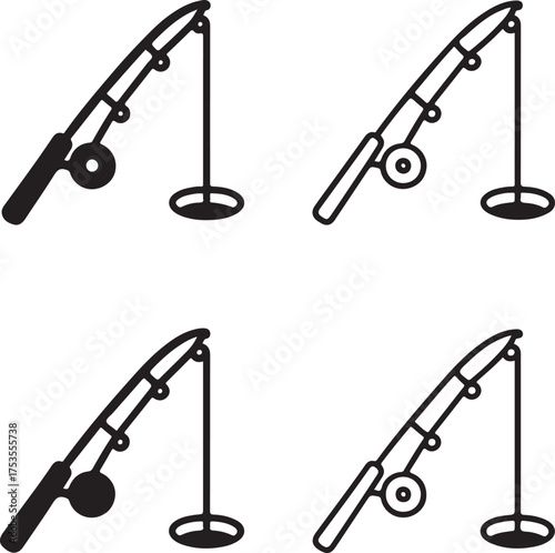 Isolated ice fishing rod icons, black winter fishing symbol, outdoor sport gear vector, minimal thin stroke design, cold weather recreation icon set, ice angling equipment illustration