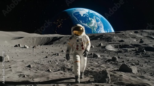 Astronaut in a white suit walks on the desolate lunar surface with Earth and stars in the dark sky