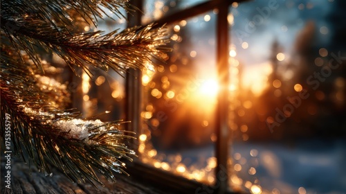 A stunning view of a beautiful sunset illuminating a frosted window, with delicate pine branches in the foreground, creating a peaceful and serene atmosphere during the winter season.