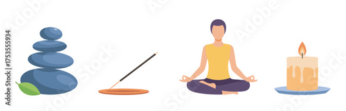 Calm meditative scene featuring a person sitting in a yoga pose, with stacked stones, incense, and a lit candle symbolizing relaxation and mindfulness.