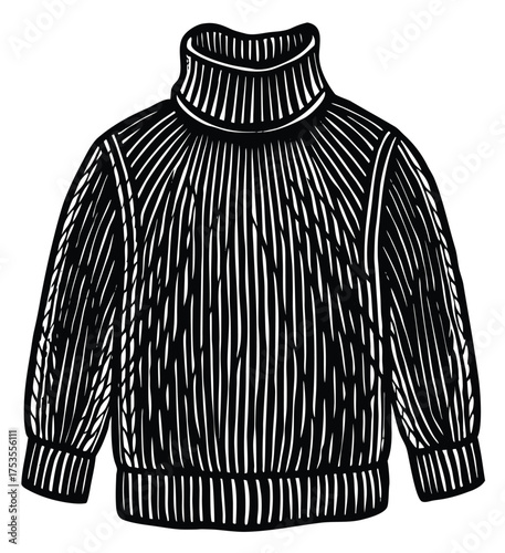 A Detailed Illustration of a Chunky Knit Turtleneck Sweater with a High Collar, Presented on a White Background