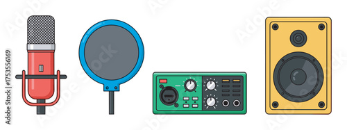 A colored illustration of a red microphone with a grill, a blue pop filter, a green audio control panel with knobs, and a yellow speaker with a black cone.