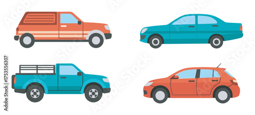 Four colored car illustrations in side view, including an suv, sedan, pickup truck, and hatchback, representing various vehicle types.