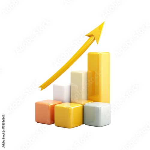 A colorful bar graph with an upward pointing yellow arrow