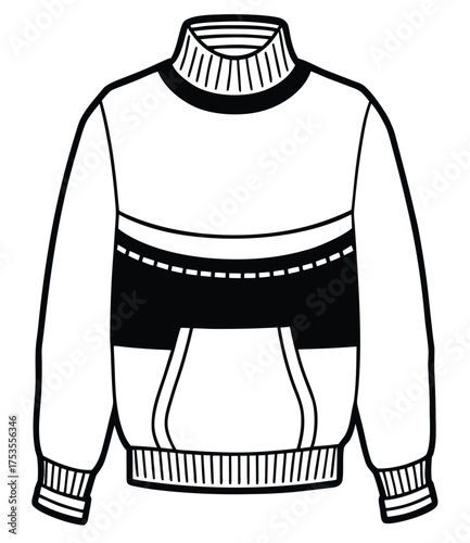 Graphic illustration of a black and white color-block crew neck sweater with a front pouch pocket and striped accents