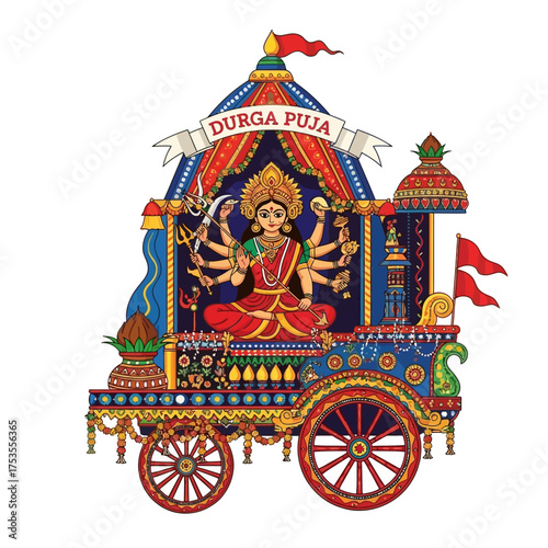 Vibrant Durga Puja celebration with goddess idol on ornate chariot, perfect for cultural events and festive designs, Indian tradition and religious festivals