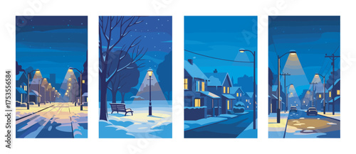 Four-panel illustration depicting a snowy suburban neighborhood at night, illuminated by streetlights, with snow-covered streets, houses, and leafless trees.
