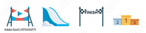 Colorful icons of a racing flag, a blue slide, a finish line banner, and three podium steps with numbers for competition themes.
