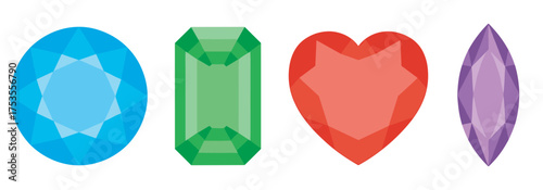 Four colorful gemstones in distinct shapes including a blue circle, green rectangle, red heart, and purple marquise.