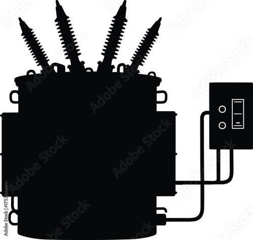 Electrical transformer silhouette, high voltage bushings, industrial power system, control panel wires, substation equipment, energy infrastructure, power distribution unit