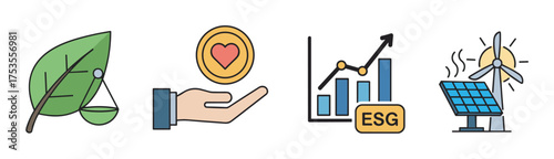 Colorful icons depicting a green leaf with scales, a hand holding a coin with a heart, rising bar and line charts with esg, and solar panels with a wind turbine.
