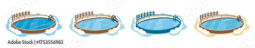 Four illustrated round swimming pools with unique designs featuring decorative railings and reflective blue water surfaces.