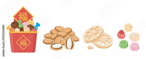 Assorted chinese new year treats, including candies in a red container, dried lotus root slices, and colorful traditional sweets.