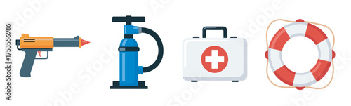 A collection of emergency and safety equipment is shown, including a flare gun, an air pump, a first aid kit, and a lifesaver.