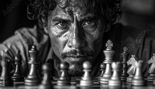Focused latino man in black and white portrait staring at chessboard — intense strategic thinking, mental concentration, leadership, intelligence, competition, planning and serious decision-making. 1