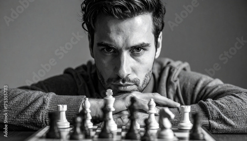 Focused white man in black and white portrait staring at chessboard — intense strategic thinking, mental concentration, leadership, intelligence, competition, planning and serious decision-making. 1