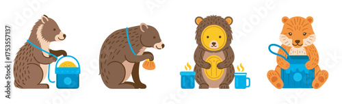 Four stylized cartoon bears engaging in various activities including carrying a basket, holding a sack, warming hands by a fire, and opening a container.