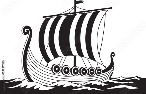Viking Longship Drakkar with Striped Sail on Rough Ocean Waves