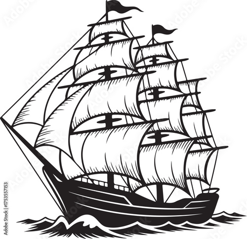 Viking Longship Drakkar with Striped Sail on Rough Ocean Waves