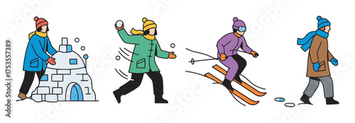 Colorful illustration depicting winter activities with people building an igloo, throwing snowballs, skiing, and walking, showcasing various winter clothing styles.
