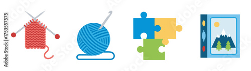 Four colorful icons representing knitting needles, a ball of yarn, jigsaw puzzle pieces, and a scenic painting, illustrating various creative hobbies.