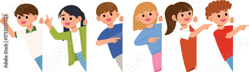 set of peeking young people illustration smile boy and girl peeking at corner and pointing gesture, cute children pointing finger on side and upward, cheerful kid character presenting flat design