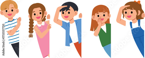 set of peeking young people illustration smile boy and girl peeking at corner and looking into distance, cute children hand over eye, cheerful kid character surprise flat design