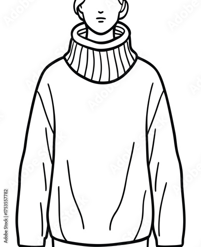 Minimalist line art illustration featuring a person wearing a fold-over turtleneck sweater, perfect for fashion design, winter apparel, and modern clothing graphics with a clean aesthetic
