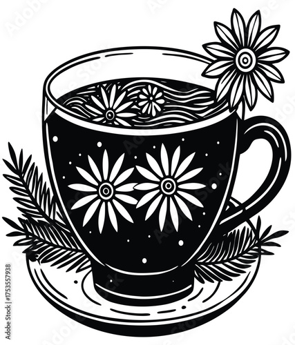 A Cup of Herbal Tea with Chamomile Flowers Illustration in Black and White