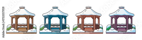 Four identical gazebos in different colors with snow-covered roofs and surrounding snowdrifts, showcasing a winter theme.
