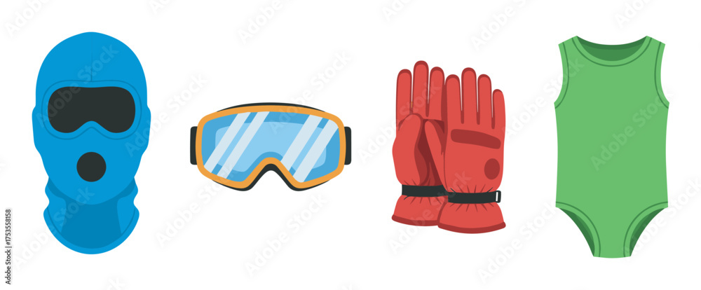 Naklejka premium Set of winter sports gear including blue ski mask, yellow ski goggles, red insulated gloves, and green sleeveless bodysuit.