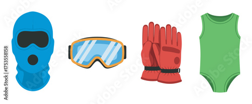 Set of winter sports gear including blue ski mask, yellow ski goggles, red insulated gloves, and green sleeveless bodysuit.