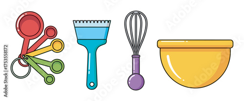 Colorful set of kitchen utensils including measuring spoons, a dough scraper, a whisk, and a mixing bowl, ideal for baking and cooking enthusiasts.