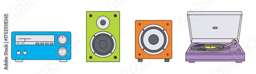 Colorful retro audio devices including a blue radio, a green speaker, an orange speaker, and a purple turntable with a vinyl record.