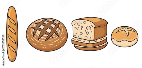 Assorted types of bread including a baguette, round loaf with lattice top, cheese-topped bread, and a small bun, arranged in a row.
