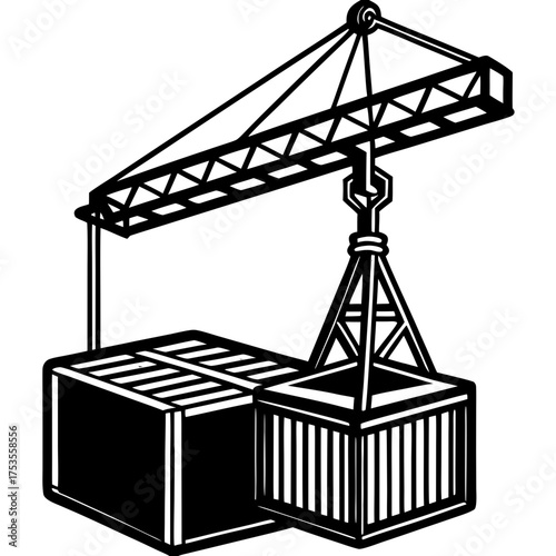 Construction Tower Crane Lifting Cargo Silhouette Vector
