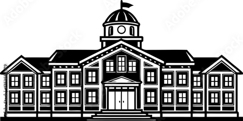 School Building with Clock Tower Silhouette Vector Icon
