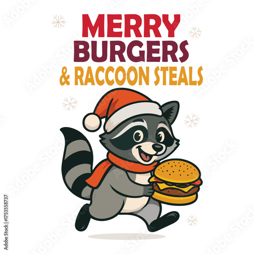 Smiling raccoon wearing Santa hat delivers a warm cheeseburger.