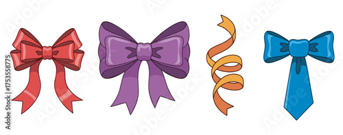 Four colorful ribbon bows in various styles, including red, purple, orange curl, and blue with an extended tail, arranged on a white background.