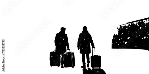 Travelers at Train Station Platform in Snow Silhouette Vector