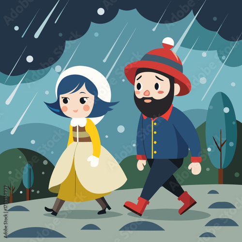 Charming cartoon couple bravely walking through a snowy winter landscape, a delightful scene evoking feelings of resilience and companionship during a cold weather adventure