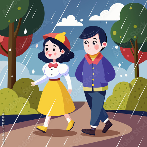 Charming cartoon couple joyfully strolling in the rain through a whimsical park, radiating happiness and togetherness, perfect for children's books and heartwarming illustrations