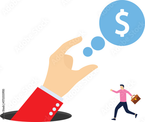 Hand inside the trap gesturing to seduce the temptation businessman to run to the trap, business or financial scam enticing people to be deceived

